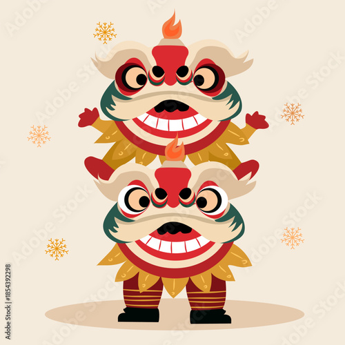 Happy Twin Chinese Lions Dancing and Celebrating Lunar New Year, Flat Design.