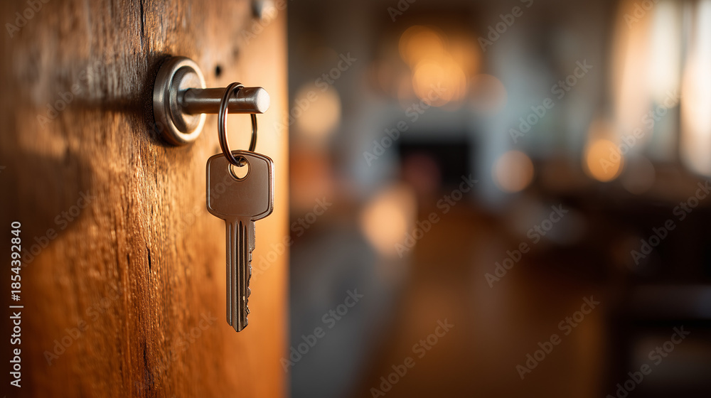 Obraz premium Close up view of a house key hanging from a door lock, symbolizing home access, security, and property ownership. Minimal detail shot of metal key in residential setting.