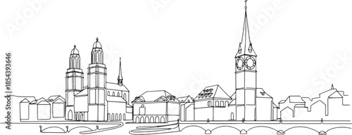 Clean Zurich city skyline line art featuring historic towers and rooftops.