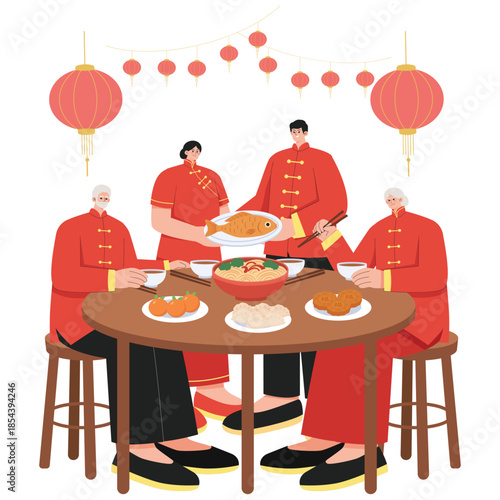 Lunar Day Illustration. Vector illustration of Family sharing traditional food together during Lunar New Year reunion dinner around festive dining table. Isolated on background