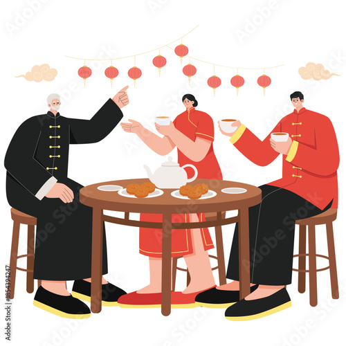 Lunar Day Illustration. Vector illustration of Elder and younger family members enjoying tea together during peaceful Lunar New Year gathering. Isolated on background