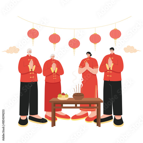 Lunar Day Illustration. Vector illustration of Family members wearing traditional red outfits perform prayer ritual during Lunar New Year celebration with lantern decorations. Isolated on background