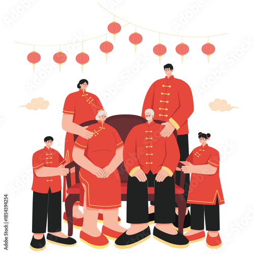 Lunar Day Illustration. Vector illustration of Multi generation family in traditional clothing posing together during Lunar New Year celebration under hanging lanterns. Isolated on background
