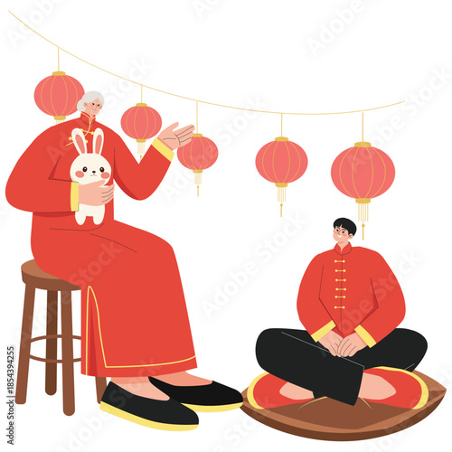 Lunar Day Illustration. Vector illustration of Elder sharing story with younger family member during Lunar New Year celebration under lanterns. Isolated on background