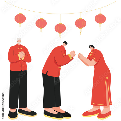 Lunar Day Illustration. Vector illustration of Family members exchange respectful greetings and bows under lanterns to welcome Lunar New Year. Isolated on background