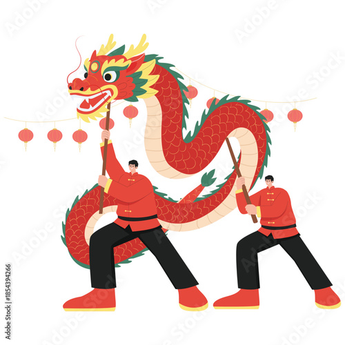Lunar Day Illustration. Vector illustration of Traditional dragon dance performance with performers carrying a long dragon during Lunar New Year parade. Isolated on background