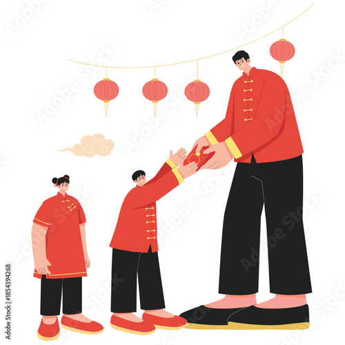 Lunar Day Illustration. Vector illustration of Adult gives a red envelope to children during Lunar New Year, sharing blessings and good fortune. Isolated on background