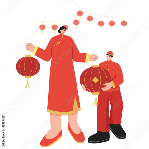 Lunar Day Illustration. Vector illustration of People hold red lanterns and decorate for Lunar New Year, creating a warm festive atmosphere. Isolated on background