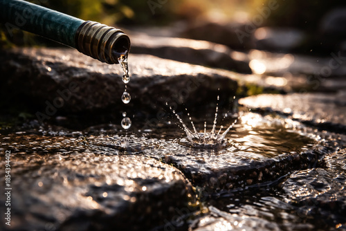 Close up of Water Dripping from Garden Hose onto Wet Pavement