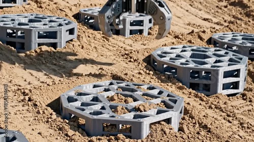 A heavy machinery claw digging into a gray plastic grid on a dirt surface