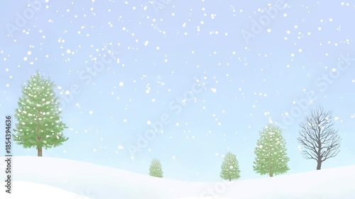 冬　雪景色　冬景色　ループ動画　降雪　おしゃれ　キラキラ　シンプル　田舎　寒中見舞い　キャンペーン　Winter scenery of watercolor painting.Falling snow.Loop video.