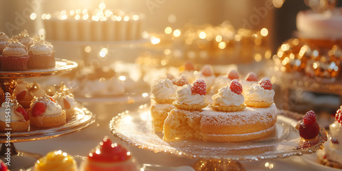 Elegant Dessert Table with Cakes and Pastries in Warm Festive Light