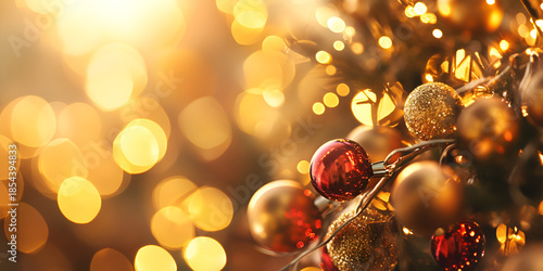 Festive Christmas Tree Ornaments with Golden Bokeh Lights