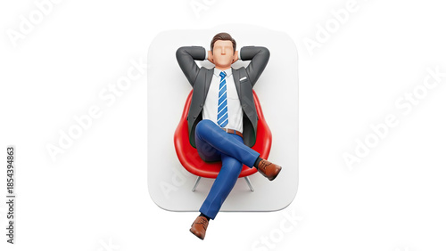 3D Businessman relaxing in chair with hands behind head on transparent background
