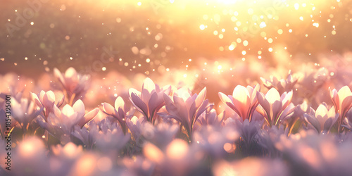 Purple Spring Flowers in Golden Sunlight with Soft Bokeh