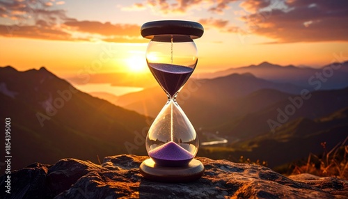 Hourglass with flowing purple sand on a mountain rock overlooking a golden hour sunset.