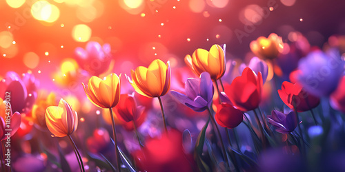 Colorful Spring Tulip Field with Soft Light and Dreamy Bokeh