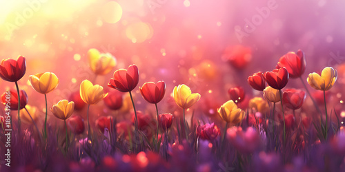 Colorful Spring Tulip Field with Soft Light and Dreamy Bokeh