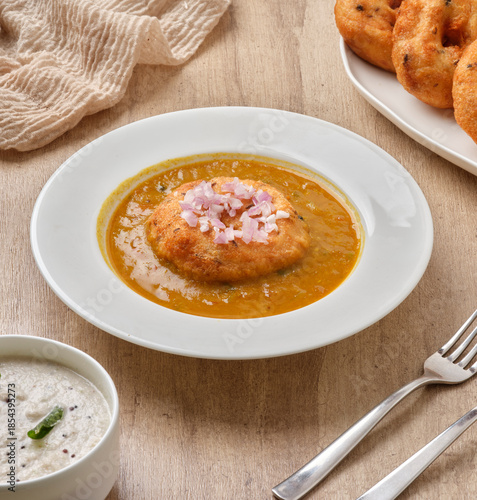 South Indian delicious Vada with Sambar and Chutney for breakfast
