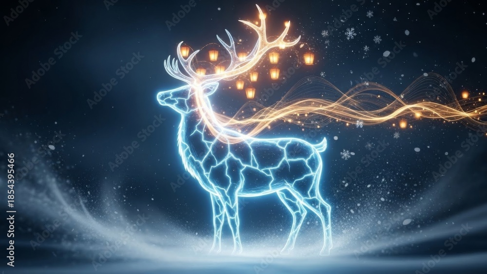 Fototapeta premium Glowing reindeer with lanterns on antlers on snowy background