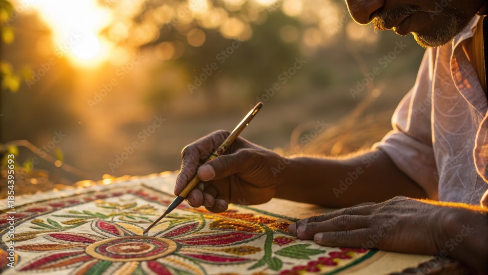 Fototapeta premium Indian street calligrapher creates intricate floral design on canvas outdoors at sunset with focused expression and traditional technique