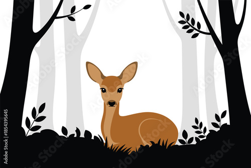 Fawn Resting in a Stylized Woodland, wildlife concept