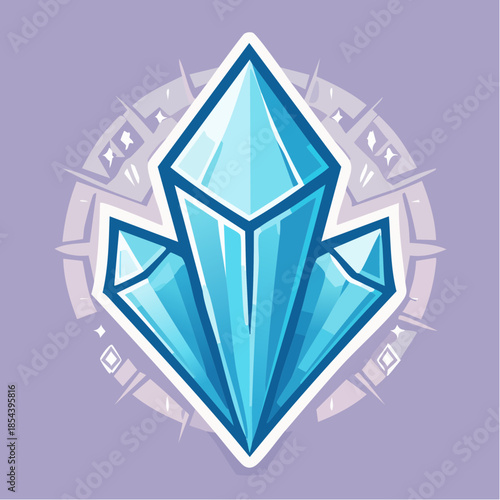 Stylized illustration of blue crystals with a white outline on a purple background.