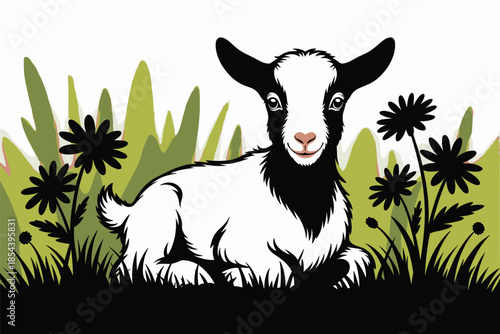Cute Baby Goat Resting in Green Grass with Flowers, cute animal concept