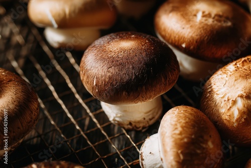 Fresh Brown Mushrooms on Metal Cooling Rack