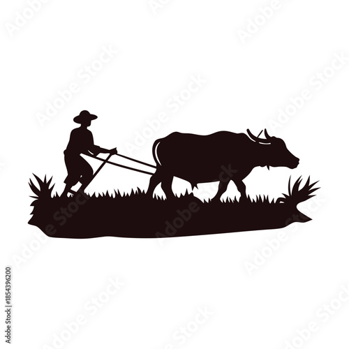 Black and white illustration of a farmer plowing a rice field with a buffalo in vector style