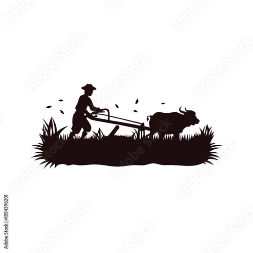 Black and white illustration of a farmer plowing a rice field with a buffalo in vector style