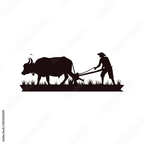 Black and white illustration of a farmer plowing a rice field with a buffalo in vector style