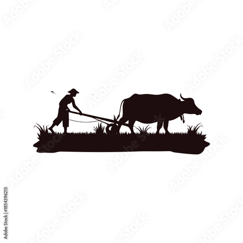 Black and white illustration of a farmer plowing a rice field with a buffalo in vector style