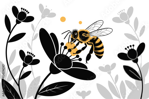 Honeybee Pollinating a Stylized Flower in a Minimalist Garden, pollination concept