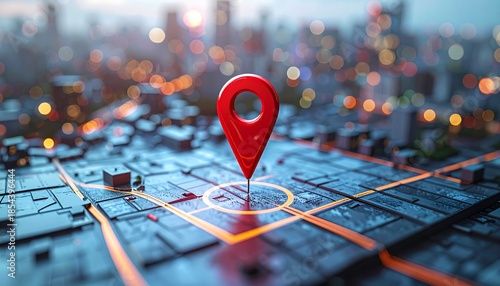 Red Location Pin on Digital Smart City Map with Glowing Routes and Bokeh Lights