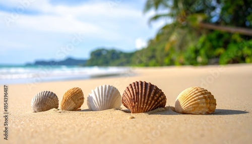 Five natural seashells lined up on a sun-drenched tropical sandy beach with blurred ocean waves and palm trees.