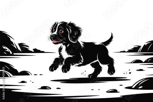 Joyful Puppy Sprinting Through a Stylized Landscape, happiness concept