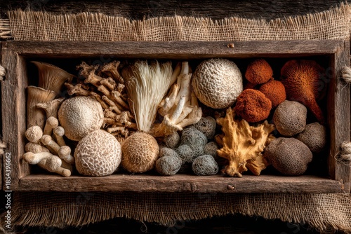 Earthy Textured Mushrooms in Rustic Wood Box and Burlap