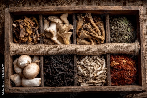 Variety of Dried Mushrooms, Herbs, and Spices in Rustic Wooden Box