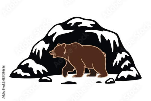 Brown Bear Emerging from Snowy Cave, hibernation concept