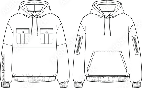 Oversized pullover hoodie CAD technical drawing, flat vector illustration fashion design template with chest flap pockets and sleeve zipper utility pockets, apparel garment mockup.