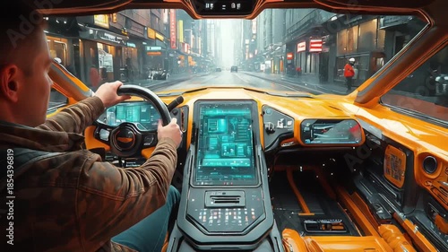 Futuristic car interior with cityscape view ahead