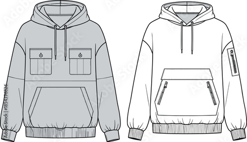 Oversized Pullover Hoodie Technical Sketch CAD Drawing Flat Vector Illustration with Cargo Pockets, Ribbed Hem, and Drawstrings for Fashion Design and Apparel Mockups,