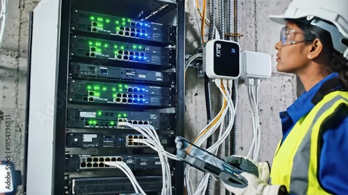 Man in hardhat and safety vest examining network equipment in data center