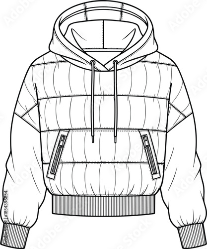 Oversized quilted puffer jacket hoodie CAD technical drawing, flat vector illustration fashion design template with drawstring neck and zippered pockets, winter sportswear apparel mockup.