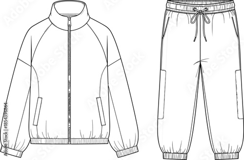 Oversized Track Jacket and Cargo Jogger Pants Technical Fashion Illustration Drawing Vector Mockup for Designer Apparel Clothing CAD Template Streetwear
