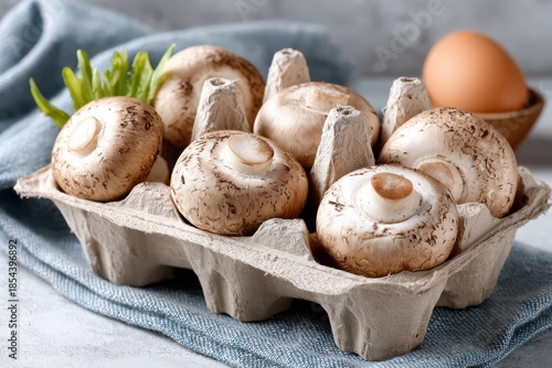 Fresh cremini mushrooms in cardboard egg carton with blue cloth and egg
