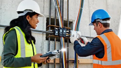 Two workers in hard hats and safety vests examining a damaged pipe with a thermal imaging camera