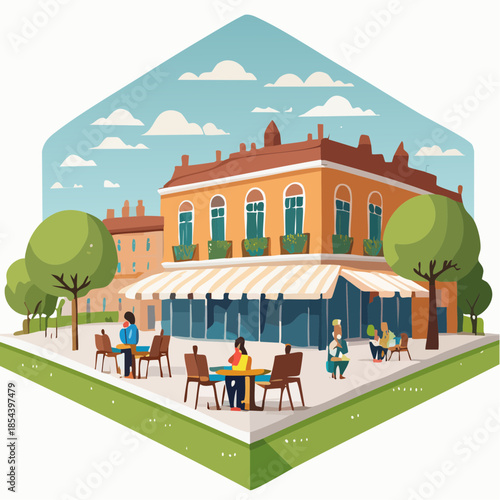 Illustration of a cafe with outdoor seating on a sunny day, showcasing a vibrant urban scene.