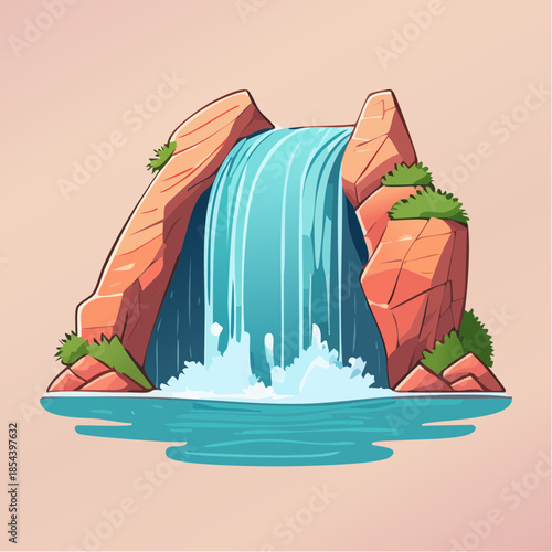 Cartoon illustration of a waterfall cascading between two rocky formations.